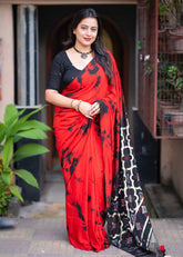 Red & black tye-dye shibori saree.